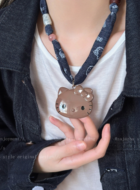 可爱kt猫牛仔珍珠丝巾项链女款