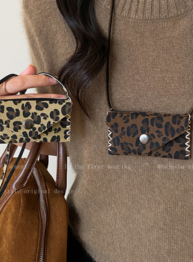 复古豹纹棕色口红包项链女