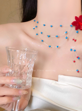 明媚少女~多层蓝红花朵项链女小众高级感锁骨链串珠流苏气质颈链