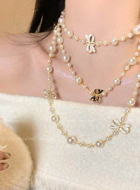 小香风蝴蝶结珍珠双层项链女款