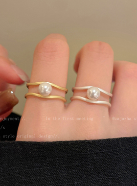 银色哑光珍珠开口戒指女