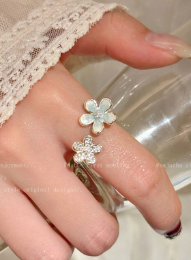 ins风~蓝色小花开口戒指女款春