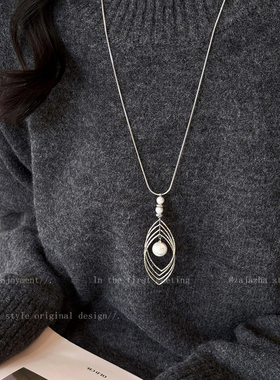 银色珍珠羽毛长款项链女秋冬