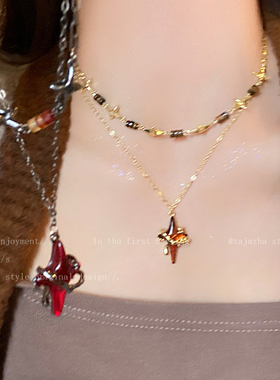 美拉德棕色星星吊坠项链女双层叠戴锁骨链复古日常百搭辣妹卫衣链