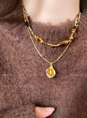 美拉德虎眼石串珠毛衣链女款秋冬轻奢高级感配饰复古小众叠戴项链