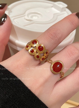 安可拉红爱心滴釉戒指女款2025新款轻奢复古食指戒高级感叠戴指环