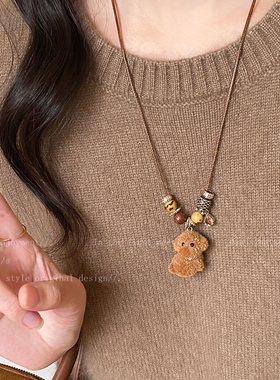 可爱萌物！棕色泰迪狗串珠项链女高颜值学生党毛衣链小众设计配饰