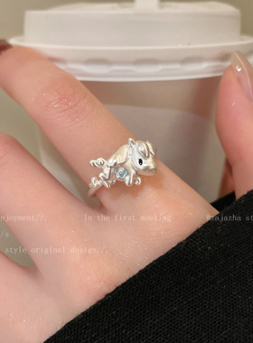 马上好运！银色小马开口戒指女