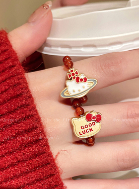 红玛瑙串珠蝴蝶结猫咪戒指女款2025新年本命年食指戒灵蛇偏财指环