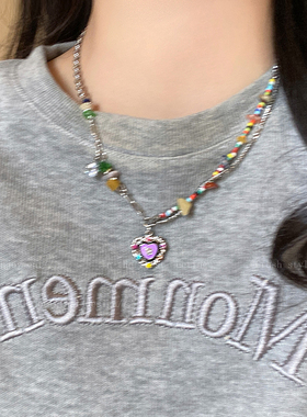 七彩石爱心滴釉项链夏