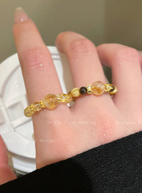 虎眼石串珠拼接戒指女2025新款复古小众弹力食指戒新中式叠戴指环