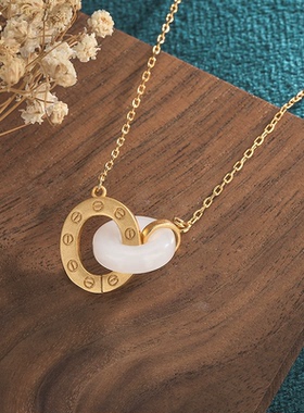 宫廷设计古法金仿和田玉圆环项链