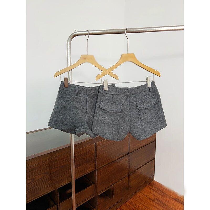 韩系简约百搭高腰阔腿休闲裤女秋冬气质显瘦灰色毛呢短裤直筒靴裤 - 图1