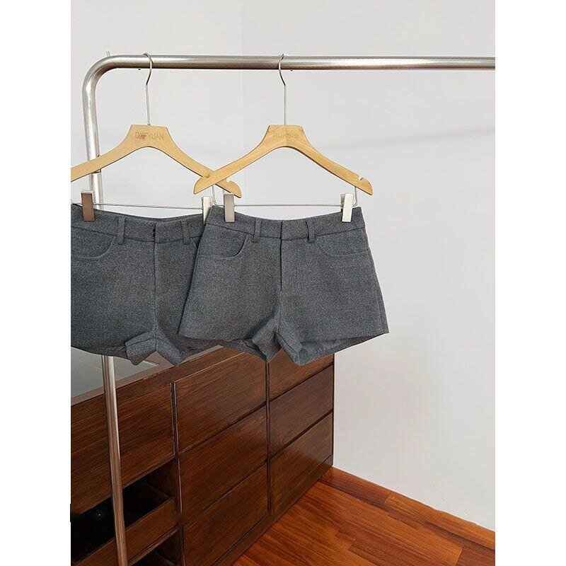 韩系简约百搭高腰阔腿休闲裤女秋冬气质显瘦灰色毛呢短裤直筒靴裤 - 图0