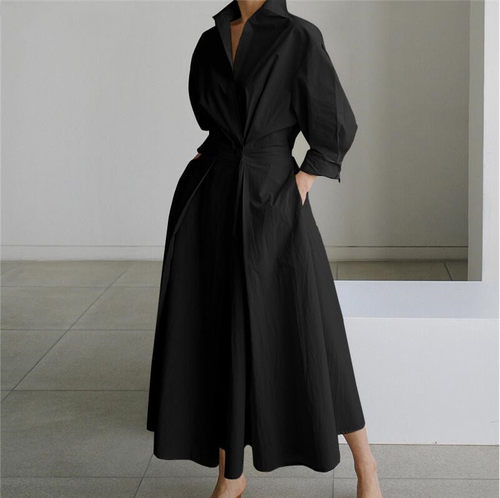 Vintage lapel swing cotton linen dress复古翻领大摆棉麻连衣裙 - 图0