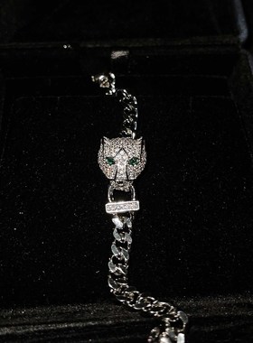 嘻哈风满钻豹头手链巴链中性手环