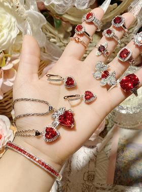 红宝石项链套装鸽血红开口戒指