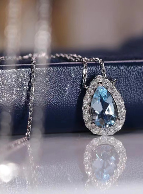 天然海蓝宝项链女吊坠复古锁骨链