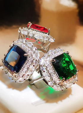 祖母绿戒指锆石镀银豪华鸽血红女