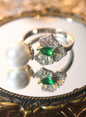 祖母绿珍珠彩宝戒指女网红食指戒