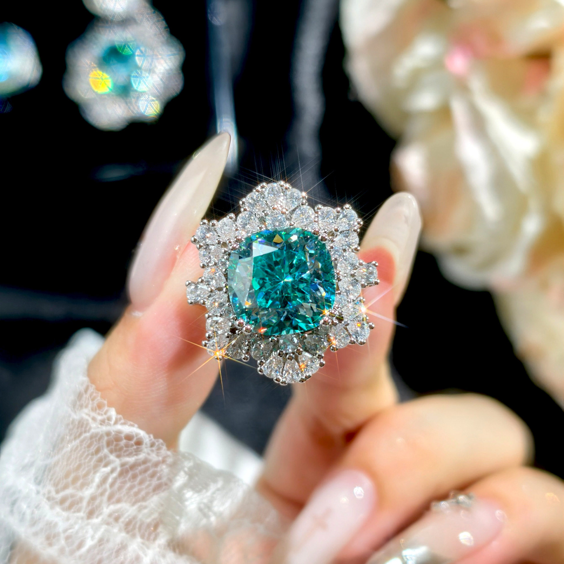 Light luxury square cushion green zirconia necklace earrings ring