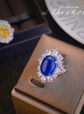 法式复古蓝宝石戒指黄钻活口指环