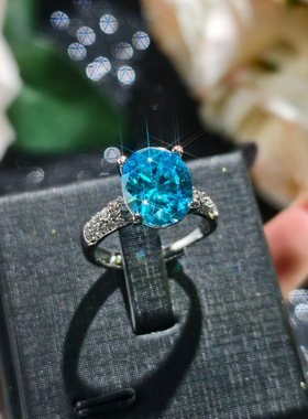 冰花切海蓝锆石开口戒指气质女戒