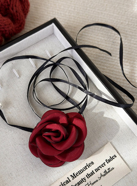 法式百搭复古玫瑰花系带项链珍珠