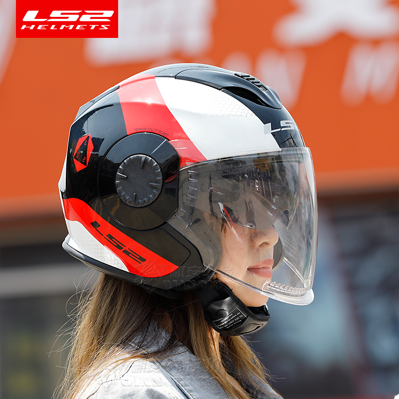 LS2半盔摩托头盔电动车男女复古双镜帽檐四分之三通勤机车3Cof570_虎窝淘