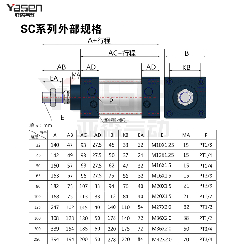 SC标准气动气缸大推力重型SC200X50X100X150X200X500加长行程可调 - 图2