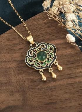 新中式国潮古法镶嵌绿玉髓花丝