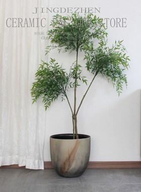 新中式陶瓷手绘油画风工艺落地大花盆样板间绿植花瓶室内盆栽摆件
