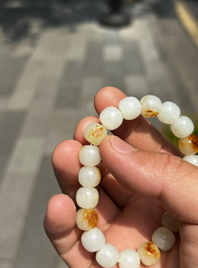 10mm正宗新疆和田玉籽料白玉老型珠黄沁皮单珠散珠圆珠手串手链