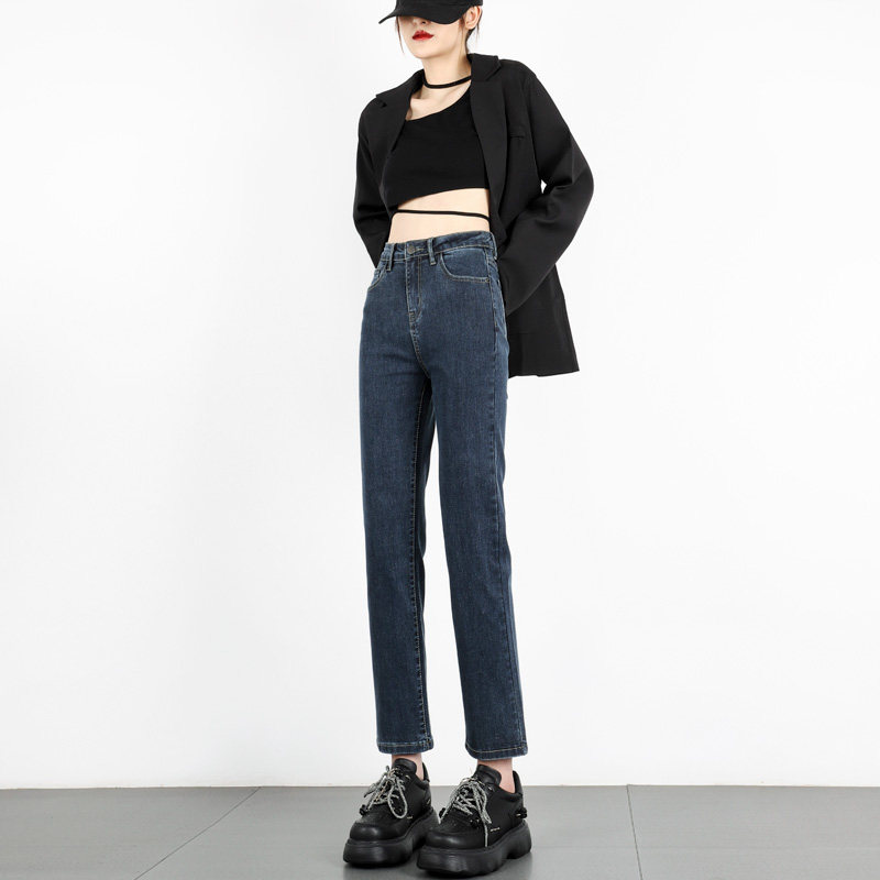 直筒蓝灰色秋季新款高腰弹力牛仔裤 卡秋里牛仔裤