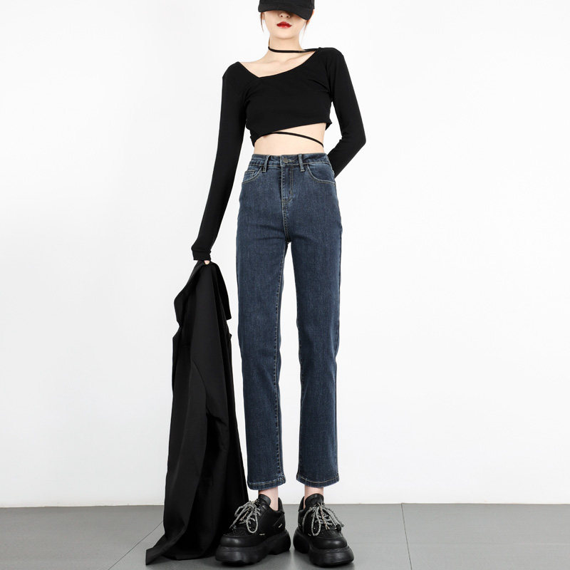 直筒蓝灰色秋季新款高腰弹力牛仔裤 卡秋里牛仔裤