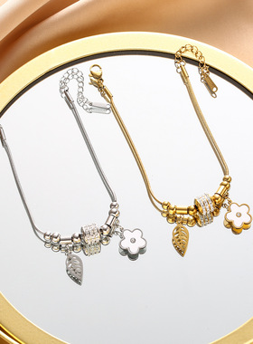 新款 外贸爆款 日韩ins清新花朵可调节钛钢手链 闪亮钻球百搭手饰