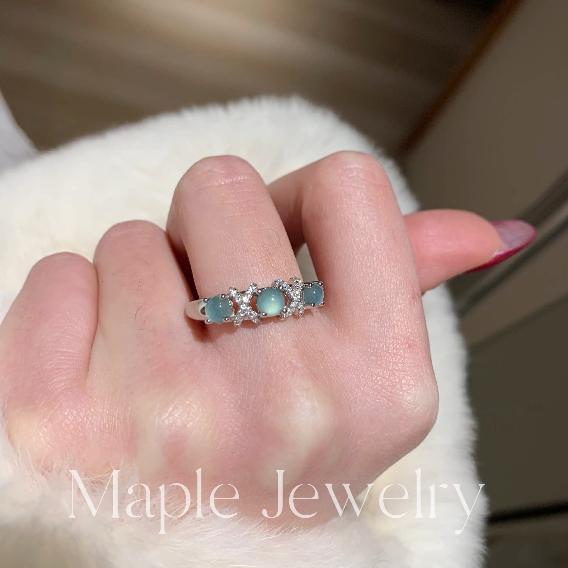 Maple new Chinese style natural blue water jade ring for women 925 sterling silver temperament cool high-end ring gift