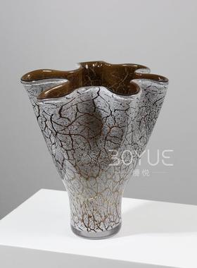 现代复古棕色白裂变花瓣口琉璃花瓶样板间客厅玄关家居装饰品摆件