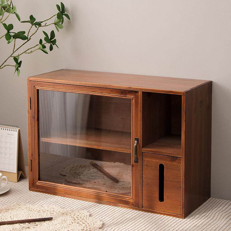Zakka internet celebrity storage rack with tissue box retro double-layer wooden tea set desktop storage box cup dustproof cabinet