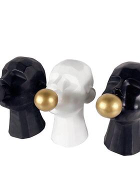 现代简约黑白色抽象人物人头吹泡泡摆件家居样板房酒店玄关装饰品