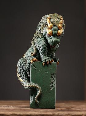 中式瑞兽盘龙桌面家居装饰品摆件客厅办公室招财玄关青纱石工艺品