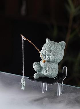 创意小猫钓鱼茶宠摆件钓鱼台底座可爱萌猫垂钓鱼缸造景桌面装饰品