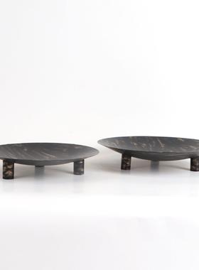 现代中式圆形描金托盘摆件样板房售楼处软装饰品搭配花艺果盘摆设