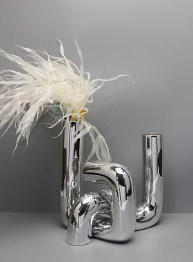 北欧创意电镀银色花器树脂装饰摆件样板间电视柜居家桌面客厅花瓶