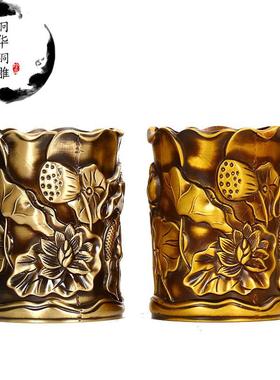 直供仿古古玩铜制笔筒雕刻荷花荷叶创意摆件铜工艺品家居办公