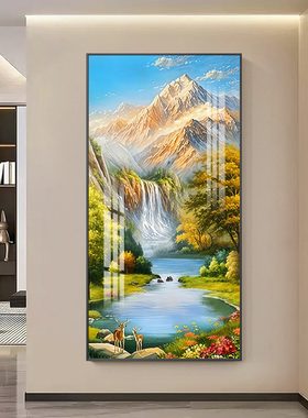 入户玄关风景装饰画油画风格竖版挂画富水金山聚宝盆走廊过道壁画