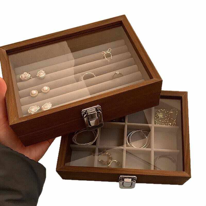 Wooden glass lid jewelry box ring earring storage box jewelry packaging box jewelry organization box