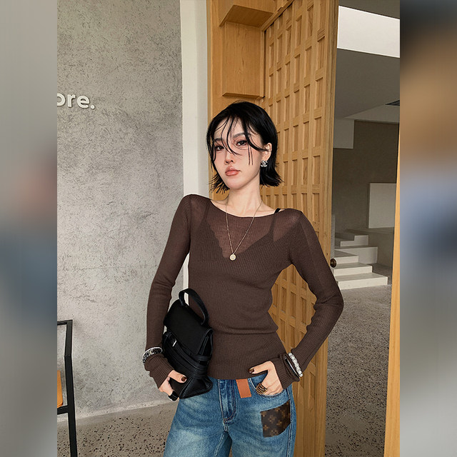 十三粥暗夜叙语性感小众微透毛衫打底衫女法式蕾丝薄内衣两件套
