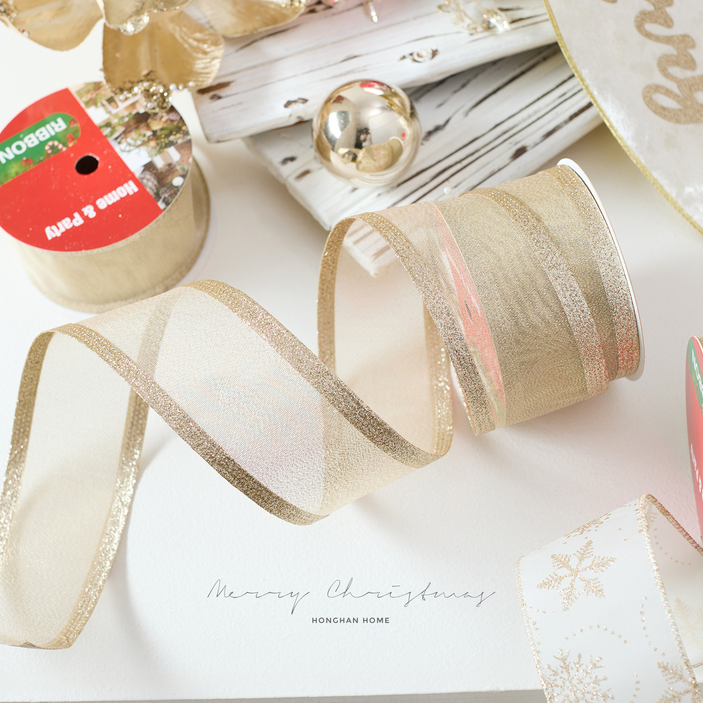 泓瀚圣诞装饰品merrychristmas织带香槟色高档绒布烫金蝴蝶结丝带,淘宝优惠券,粉丝福利购,淘宝优惠卷