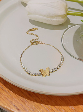 跨境热销手饰超闪锆石蝴蝶手串钛钢18k金不掉色手链时尚手饰